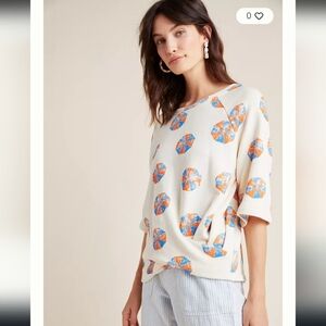 Eva Franco Cream Top with Blue and Orange Umbrella Print